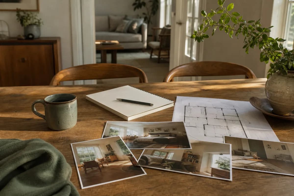 Blank notebook, room photographs, and a floor plan on a dining table