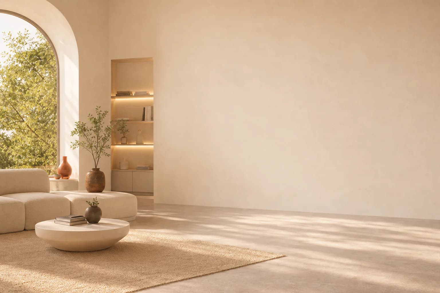 Sunlit modern living room with arched window