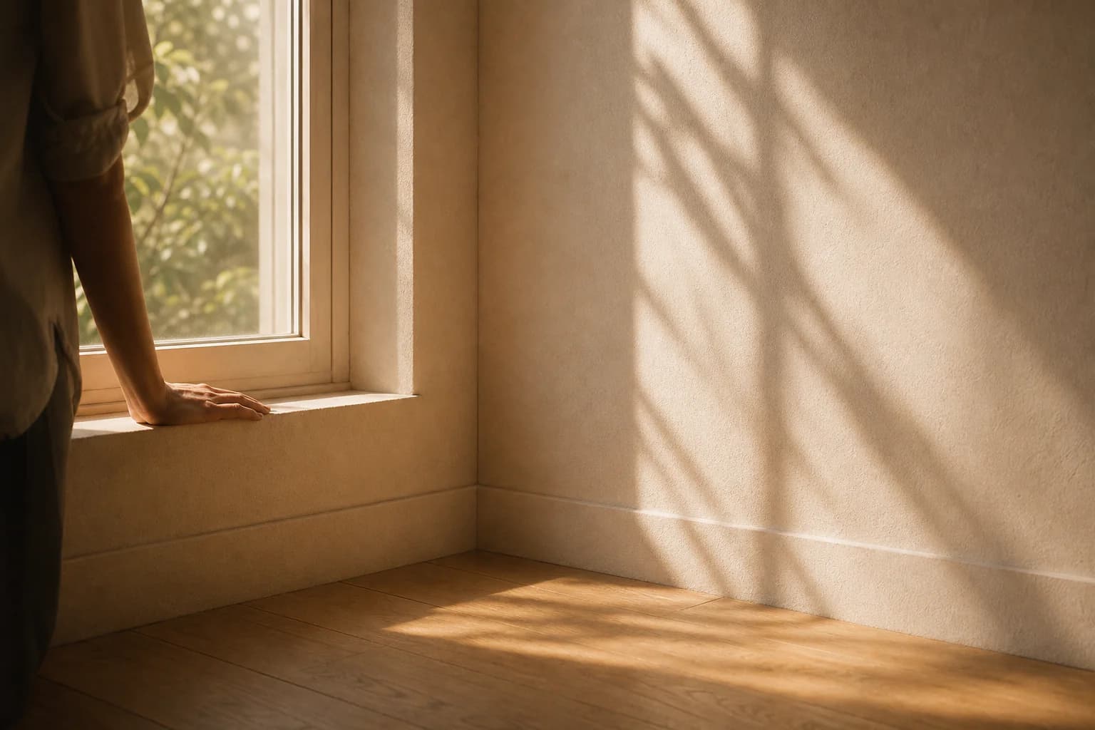 Hand on a windowsill in warm morning light — lived property nuance