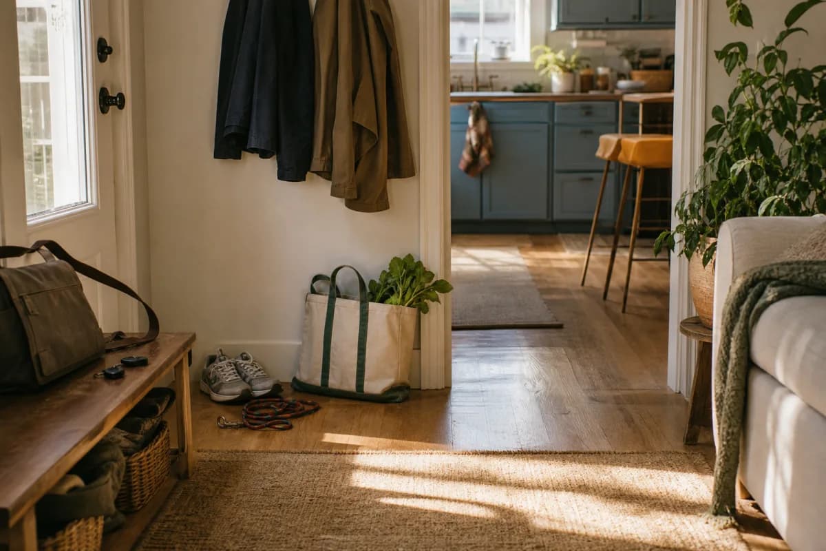 Home entry with walking shoes, work bag, grocery bag, and dog leash