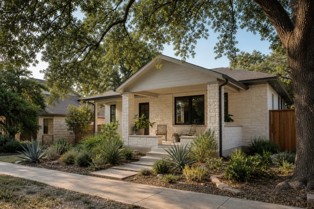 Austin bungalow with a shaded porch, live oak tree, and drought-tolerant planting