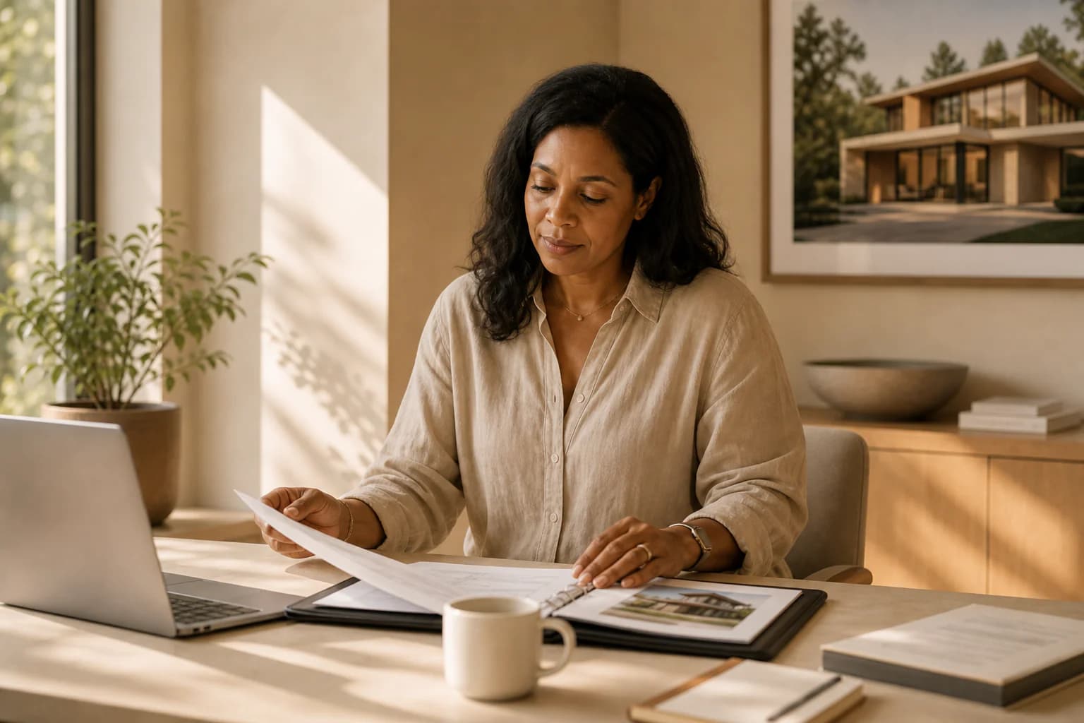 Real estate professional reviewing a property file at a bright desk