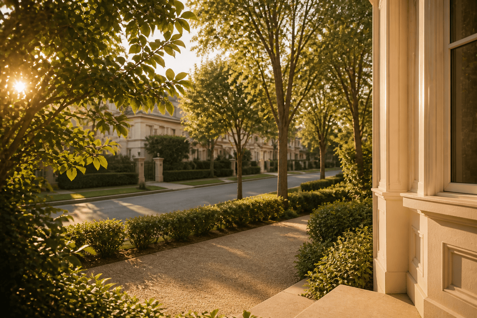 Quiet street view from a front porch at golden hour